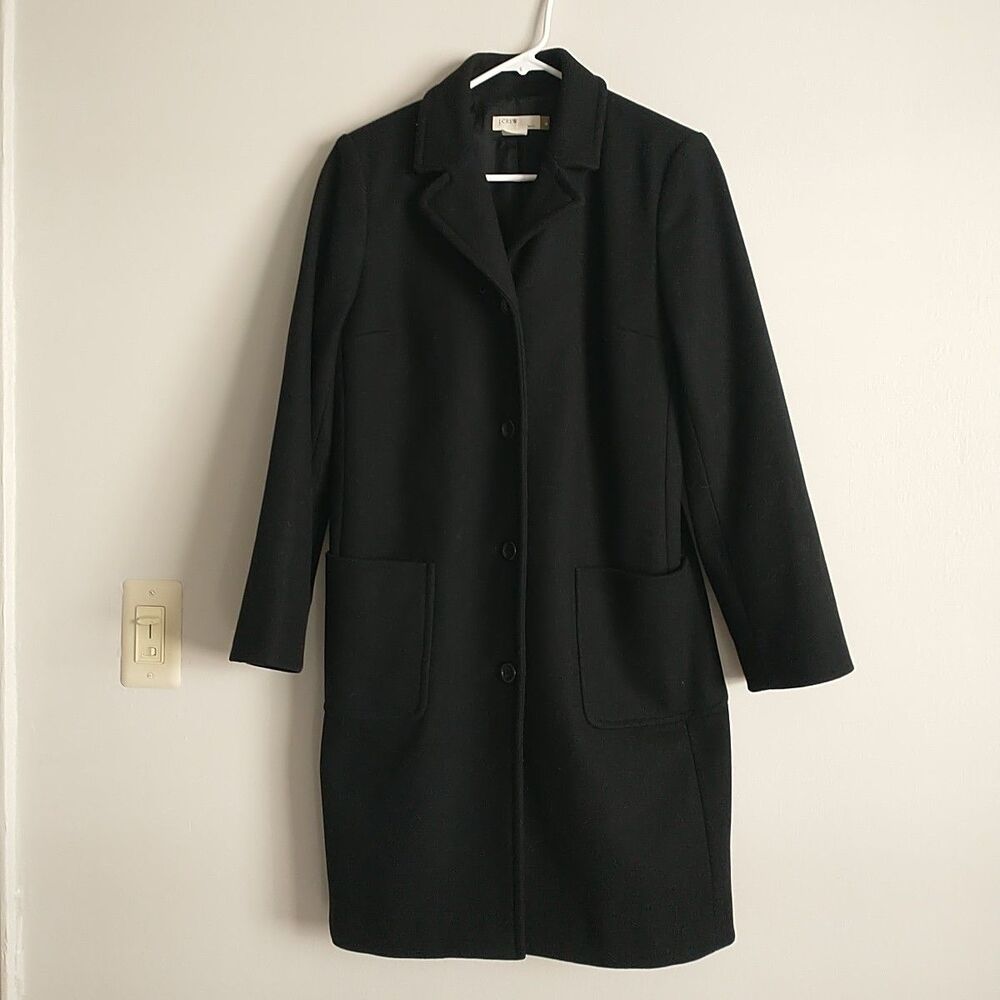 J Crew Pea Coat Womens MPetite Black 80%Wool Blend Overcoat Long